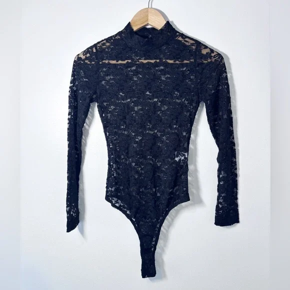 Stems Revolve Black Sheer Lace Long Sleeve Mock Neck Thong Bodysuit Medium New - Picture 2 of 6